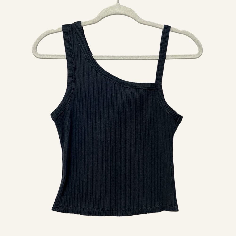 Good American Ribbed Asymmetrical Cropped Tank Top Size 1 Small Black